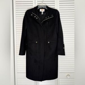 VTG Talbots Long Coat 100% Wool Black Size 4P Black Pockets Zip Front Snaps